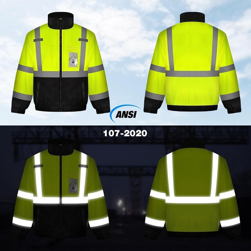 TCCFCCT Safety Jackets for Men, Class 3 High Visibility Reflective Jacket, Hi Vis Jackets for Men with Black Bottom, Waterproof Winter Bomber Work Coat for Construction, Meets Ansi, J-Yellow M - Image 2